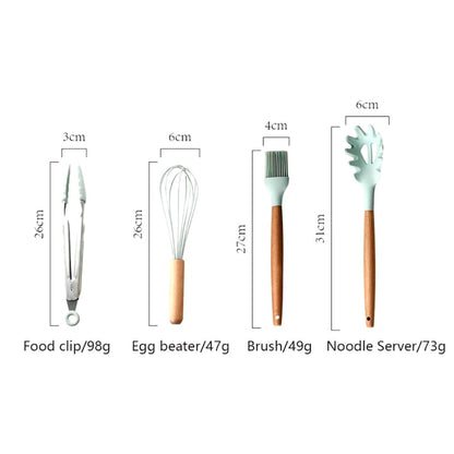 AOVO 12 darabos Konyhai Szilikon Eszköz Készlet Fa Markolattal, BPA-mentes, Zöld