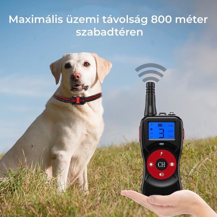 AOVO elektromos kutyakiképző nyakörv, állítható, víz- és porállóság IPX7, újratölthető, hatótávolsága 800 m, gumírozott elektródákkal