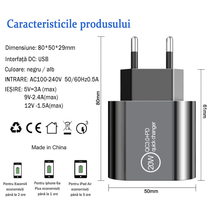 AOVO Hálózati töltő, 3 portos, intelligens USB töltő, 1x USB 3.0 és 2x USB Type-C szupergyors töltés, univerzális kompatibilitás, fekete