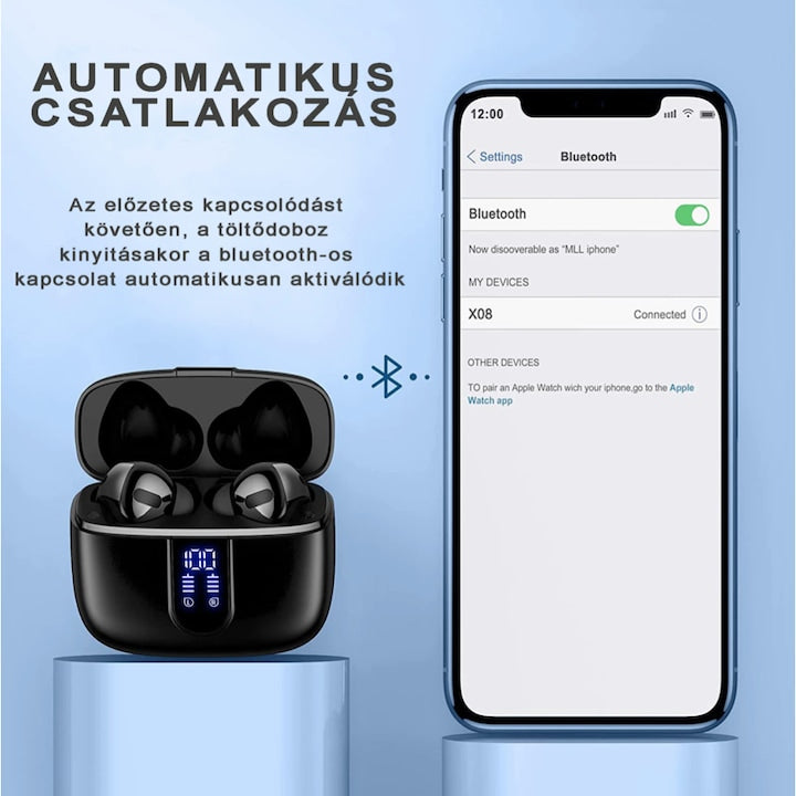 AOVO Vezeték Nélküli Fülhallgató, Bluetooth 5.0, érintésvezérlés, mágneses töltődoboz, LED kijelző, 30 órás akkumulátor-élettartam, Fekete