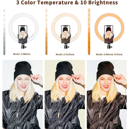 AOVO Ring Light körlámpa, átmérője 26cm / 10inch LED, természetes fény / hideg / meleg, fényerő-szabályozás, telefon tartó, állvány 210 cm-es