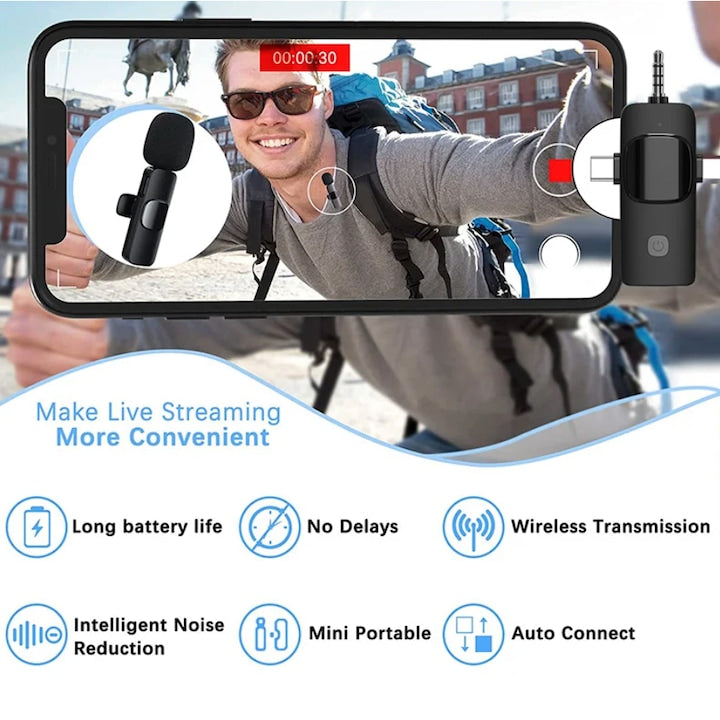 AOVO 3 az 1-ben vezeték nélküli lavalier mikrofon iPhone-hoz, Androidhoz, kamera, számítógéphez, hangszóróhoz, intelligens zajcsökkentő mikrofon