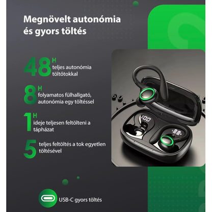 AOVO I25 Vezeték nélküli sport fejhallgató, Bluetooth 5.1, többpontos, zajszűrés, érintésvezérlés, LED kijelző, HD mikrofonok, IPX7 vízálló, fekete