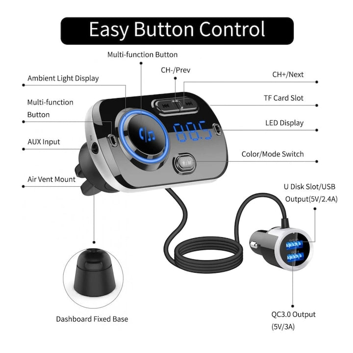 AOVO Bluetooth FM transzmitter, kihangosító, AUX bemenet, microSD kártya bemenet LED háttérvilágítással