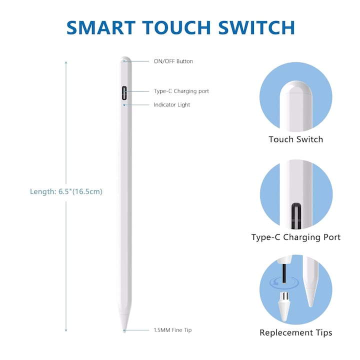 AOVO Stylus iPad toll, tenyér-elutasító funkció, ferde nyomás, USB-C, fehér