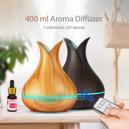 AOVO tulipán Színváltós LED Fahatású Ultrahangos Aroma Diffúzor, Világosbarna