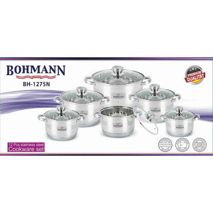 Bohmann BH 1275 N, indukciós edénykészlet üveg fedőkkel, 12 részes (2.1L, 2.9L, 2.9L, 3.9L, 6.6L, 7.7L), rozsdamentes acél