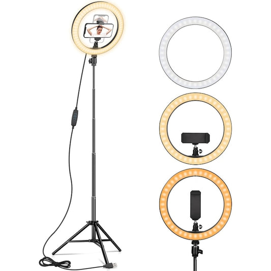 AOVO Ring Light körlámpa, átmérője 26cm / 10inch LED, természetes fény / hideg / meleg, fényerő-szabályozás, telefon tartó, állvány 210 cm-es