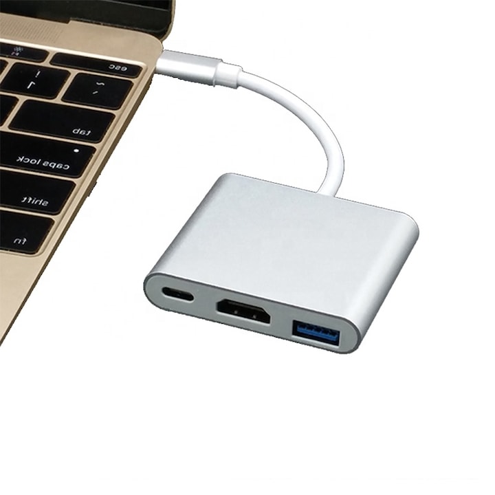 AOVO 3 az 1-ben USB-C Hub, HDMI 4K, USB 3.0, 100W Tápellátás, Szürke