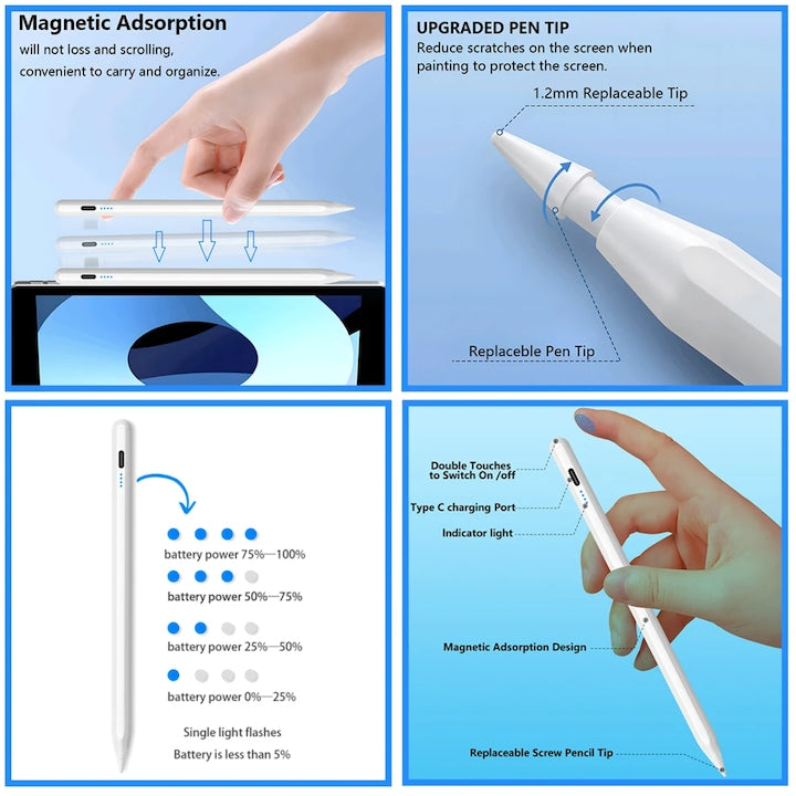 AOVO Stylus iPad toll, tenyér-elutasító funkció, ferde nyomás, USB-C, fehér